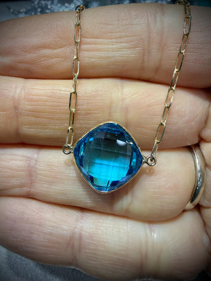 14K Yellow Gold Blue Topaz Necklace: Cushion Cut, Paperclip Chain