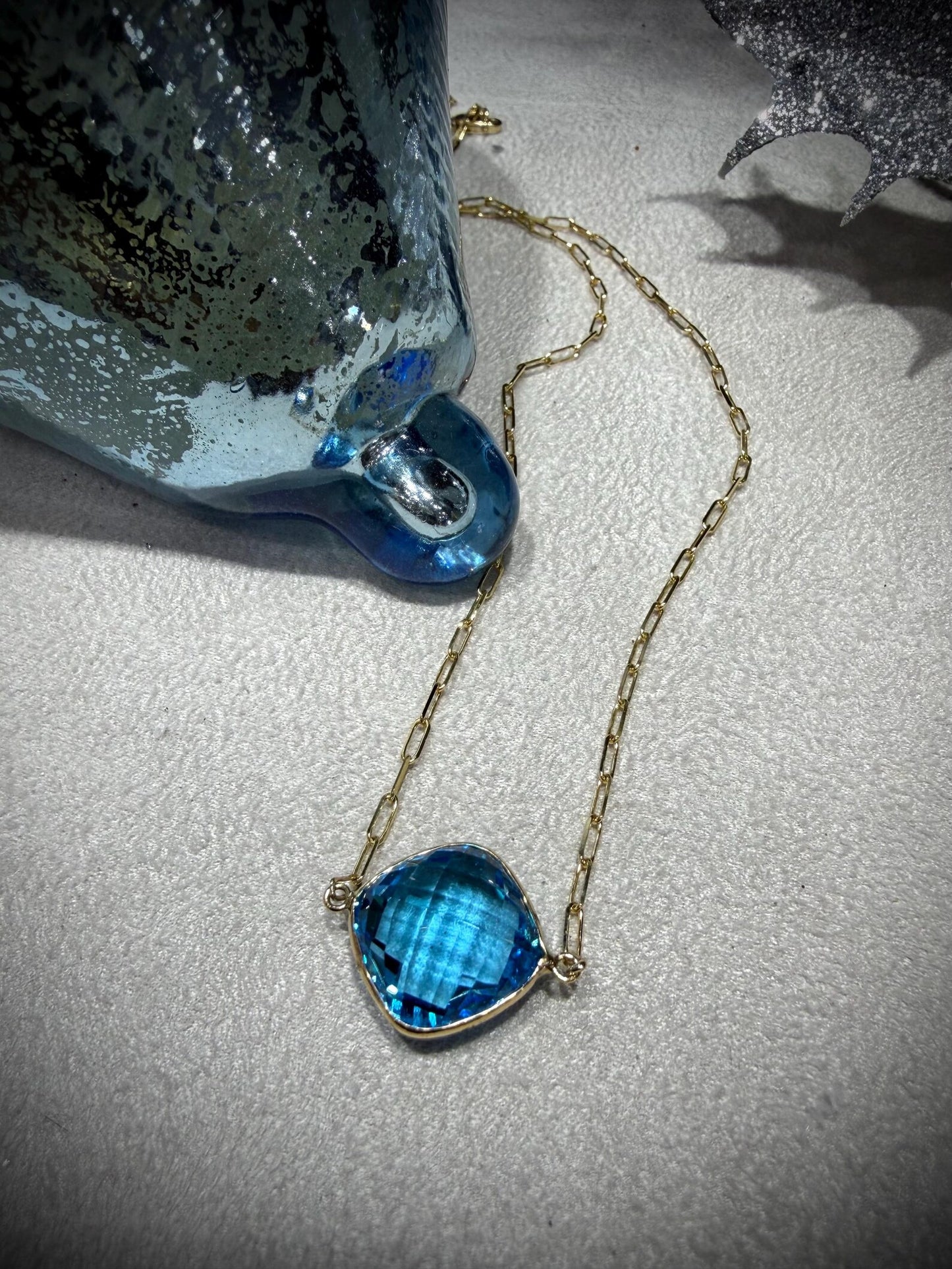 14K Yellow Gold Blue Topaz Necklace: Cushion Cut, Paperclip Chain