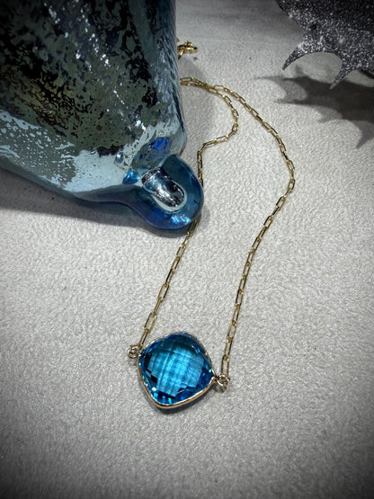 14K Yellow Gold Blue Topaz Necklace: Cushion Cut, Paperclip Chain