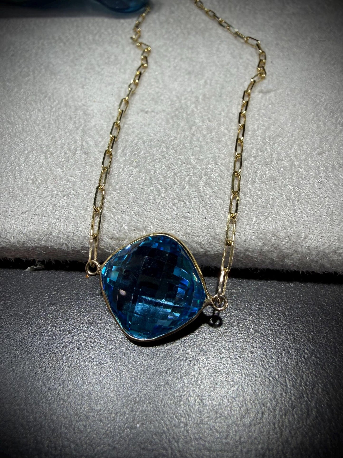 14K Yellow Gold Blue Topaz Necklace: Cushion Cut, Paperclip Chain