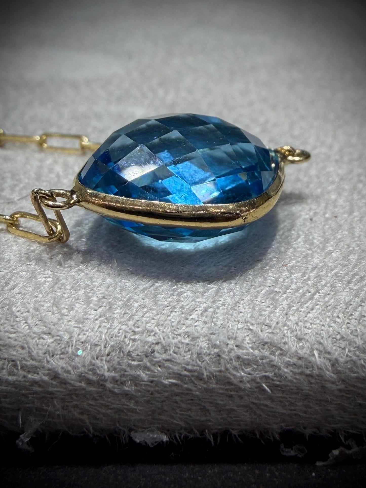 14K Yellow Gold Blue Topaz Necklace: Cushion Cut, Paperclip Chain