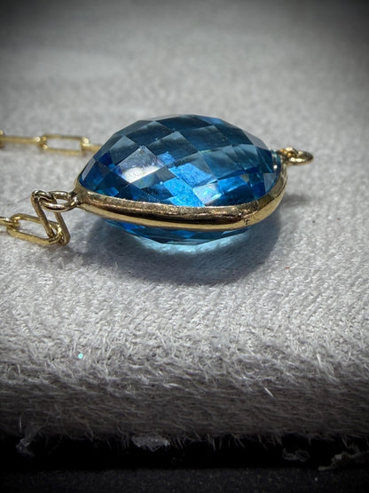 14K Yellow Gold Blue Topaz Necklace: Cushion Cut, Paperclip Chain