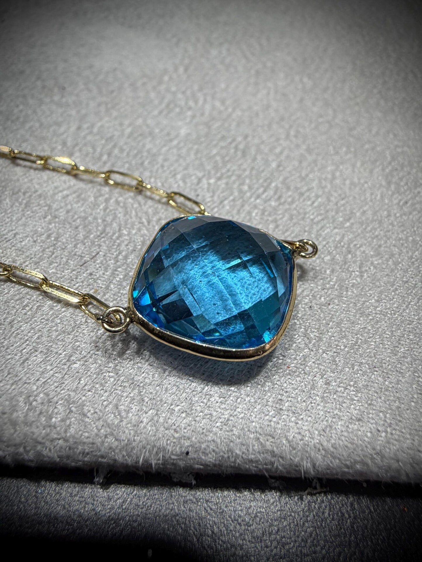 14K Yellow Gold Blue Topaz Necklace: Cushion Cut, Paperclip Chain