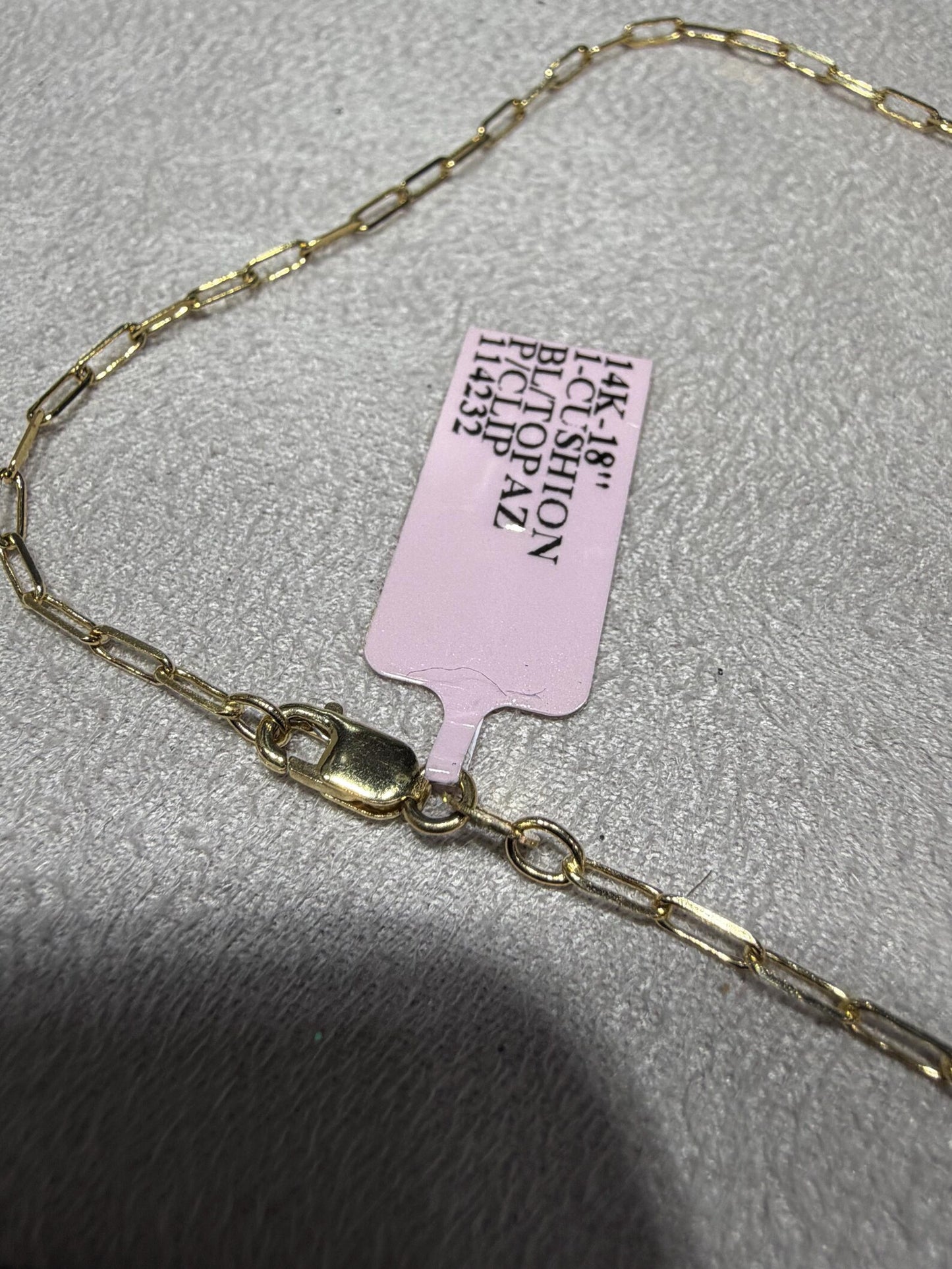 14K Yellow Gold Blue Topaz Necklace: Cushion Cut, Paperclip Chain