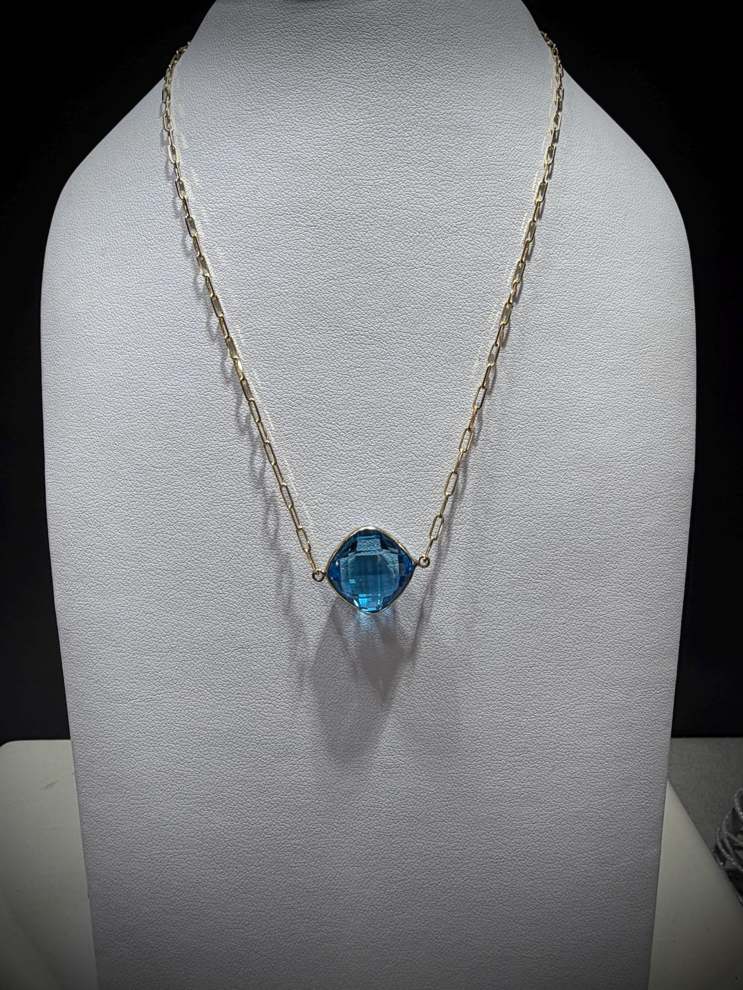 14K Yellow Gold Blue Topaz Necklace: Cushion Cut, Paperclip Chain