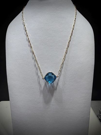14K Yellow Gold Blue Topaz Necklace: Cushion Cut, Paperclip Chain