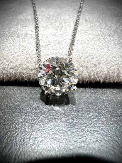 14K Round 3.02 Carat Lab Grown IGI Certified Diamond Solitaire Necklace: Adjustable