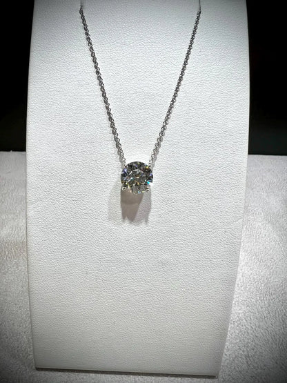14K Round 3.02 Carat Lab Grown IGI Certified Diamond Solitaire Necklace: Adjustable