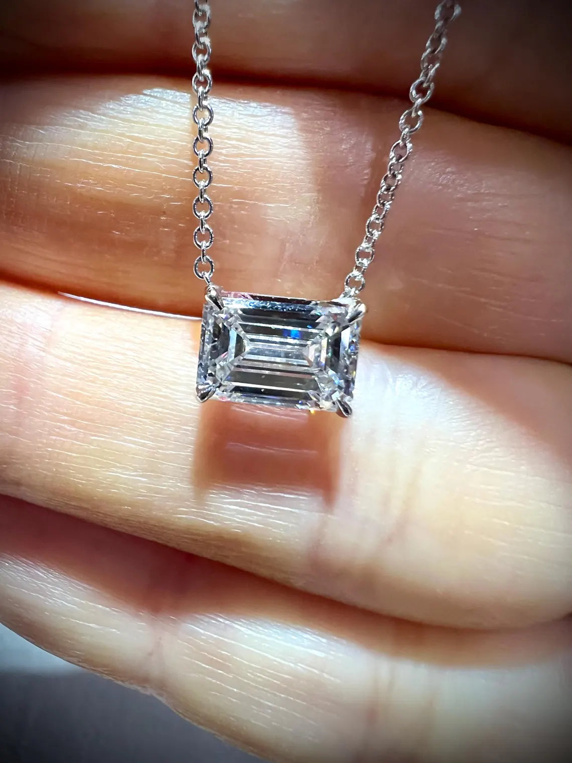 14K Emerald Cut 2.00 Carat Lab Grown IGI Certified Diamond Solitaire Necklace: Adjustable