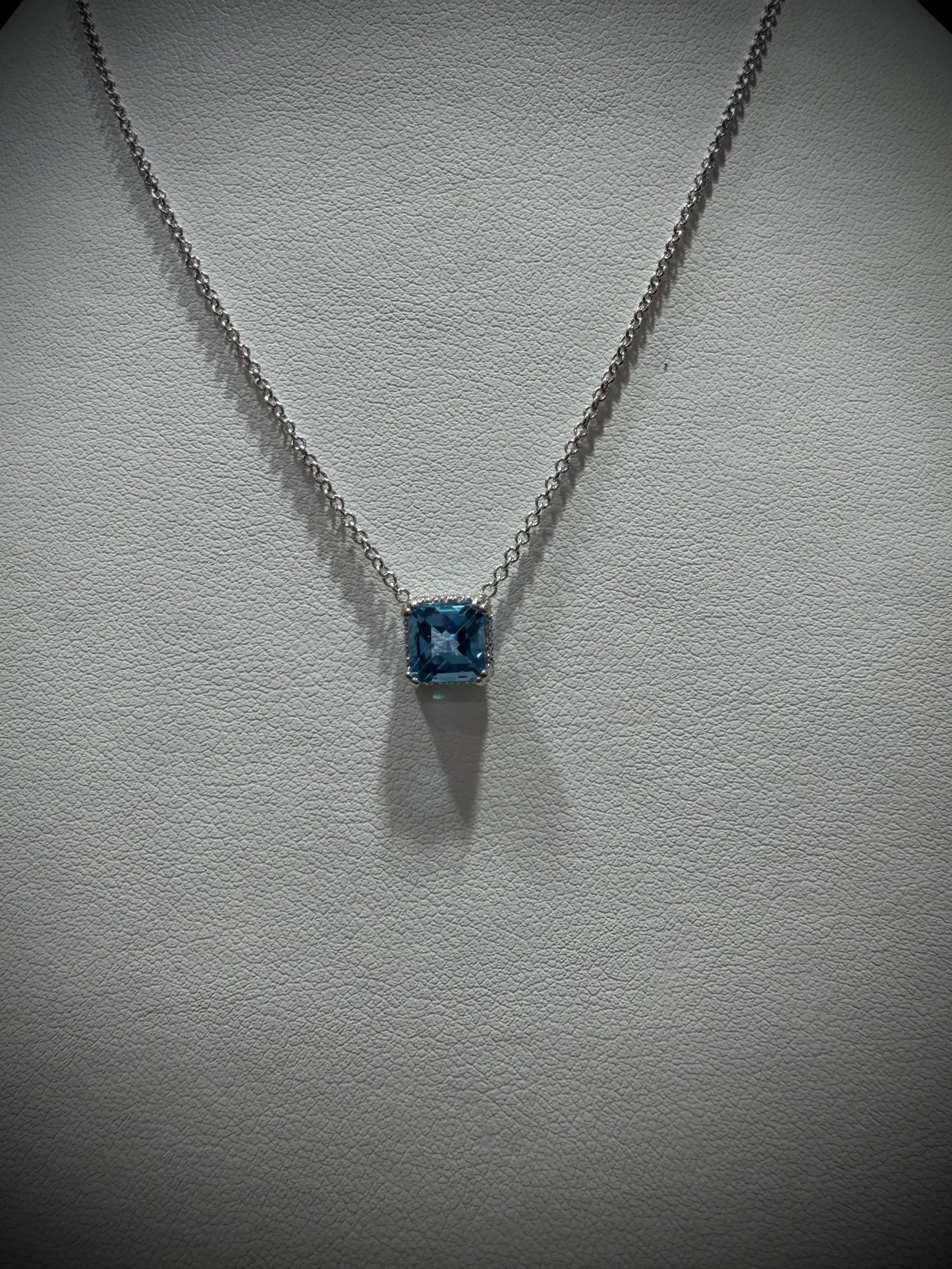14K White Gold Blue Topaz and Diamond Necklace: 17” Square Checkerboard Cut Blue Topaz