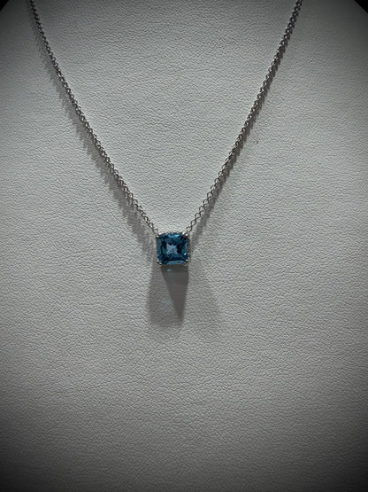 14K White Gold Blue Topaz and Diamond Necklace: 17” Square Checkerboard Cut Blue Topaz