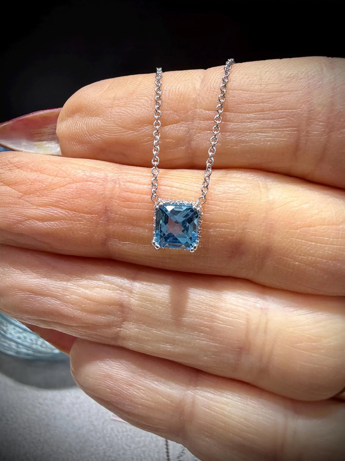 14K White Gold Blue Topaz and Diamond Necklace: 17” Square Checkerboard Cut Blue Topaz