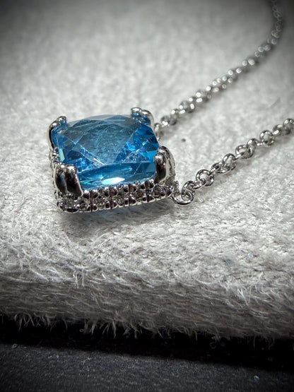 14K White Gold Blue Topaz and Diamond Necklace: 17” Square Checkerboard Cut Blue Topaz