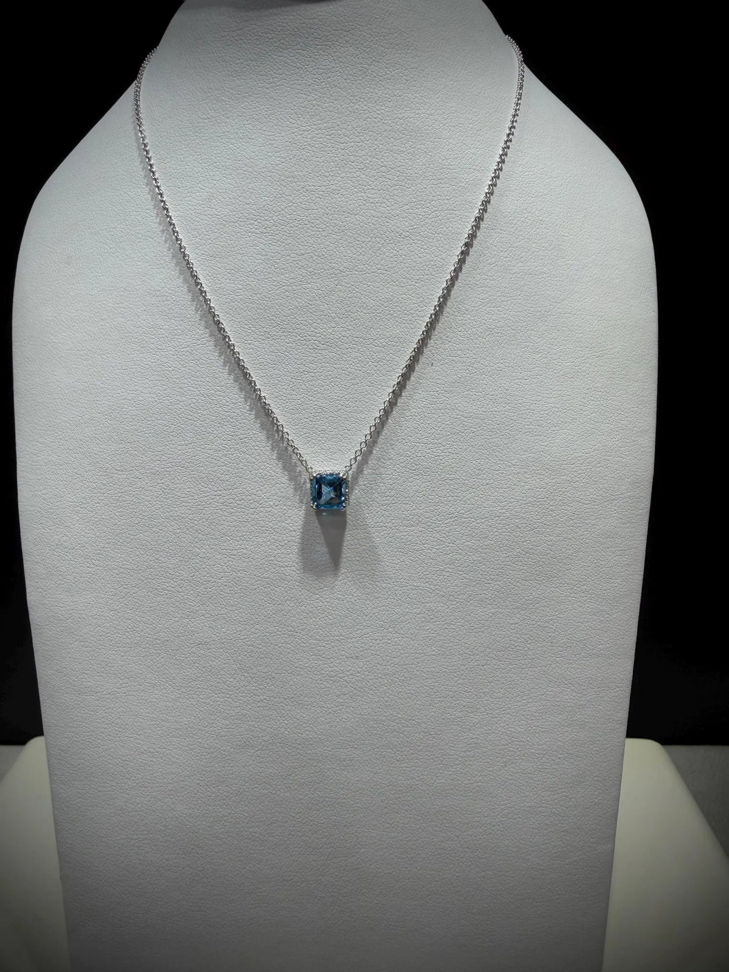 14K White Gold Blue Topaz and Diamond Necklace: 17” Square Checkerboard Cut Blue Topaz