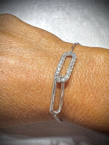Lab Grown Diamond Interlocking Sterling Silver Bracelet: Adjustable Cable Chain 1.08 Carats