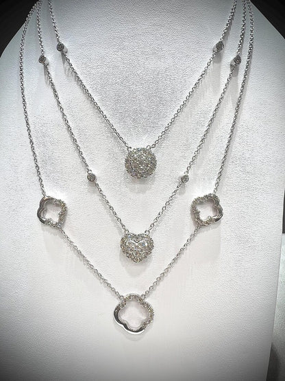 Diamond Multi Layered Charm Necklace 2.81 Carats with Heart, Clover, and Round Diamond Charms: Sterling Silver, Lab Grown Diamonds