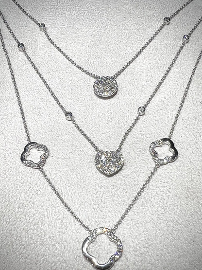Diamond Multi Layered Charm Necklace 2.81 Carats with Heart, Clover, and Round Diamond Charms: Sterling Silver, Lab Grown Diamonds