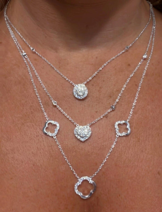 Diamond Multi Layered Charm Necklace 2.81 Carats with Heart, Clover, and Round Diamond Charms: Sterling Silver, Lab Grown Diamonds