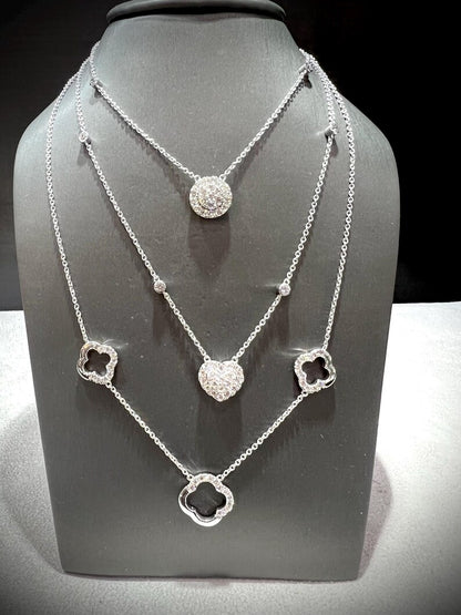 Diamond Multi Layered Charm Necklace 2.81 Carats with Heart, Clover, and Round Diamond Charms: Sterling Silver, Lab Grown Diamonds