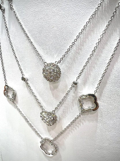 Diamond Multi Layered Charm Necklace 2.81 Carats with Heart, Clover, and Round Diamond Charms: Sterling Silver, Lab Grown Diamonds