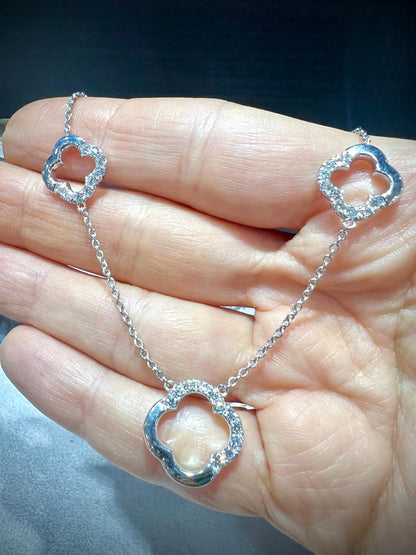 Diamond Multi Layered Charm Necklace 2.81 Carats with Heart, Clover, and Round Diamond Charms: Sterling Silver, Lab Grown Diamonds