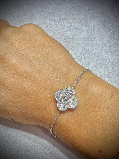 Lab Grown Diamond Flower Bracelet 1.11 Carats: Adjustable 7-8” Sterling Silver