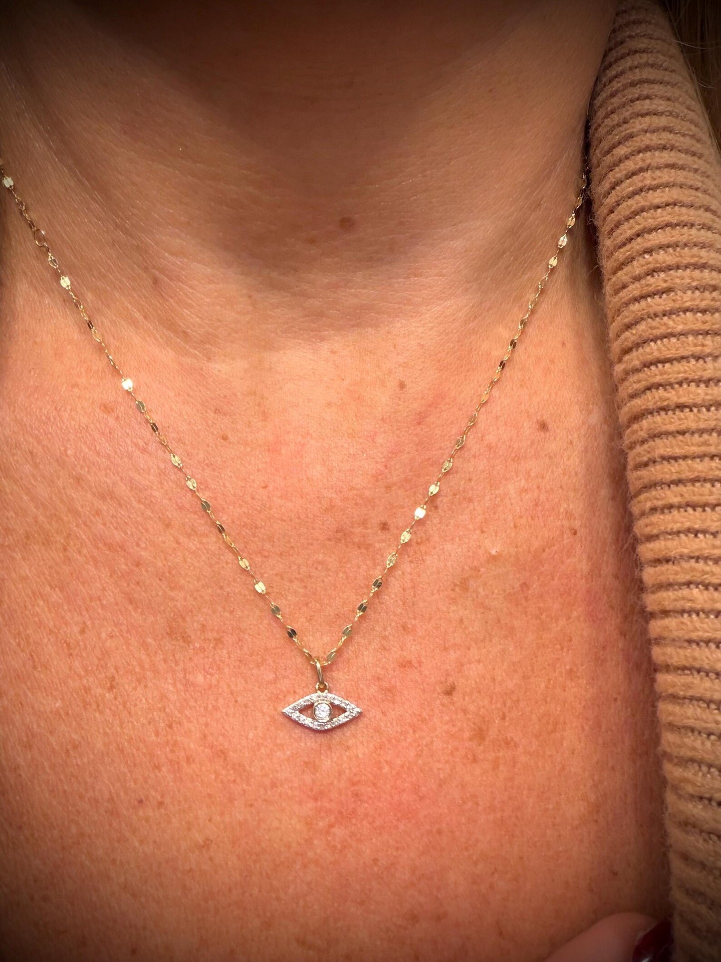 10K Lab Grown Diamond Evil Eye Necklace 0.13 Carats: Adjustable 15”-18”