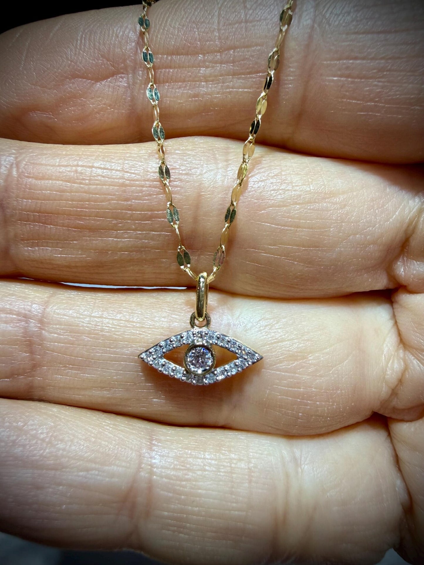 10K Lab Grown Diamond Evil Eye Necklace 0.13 Carats: Adjustable 15”-18”