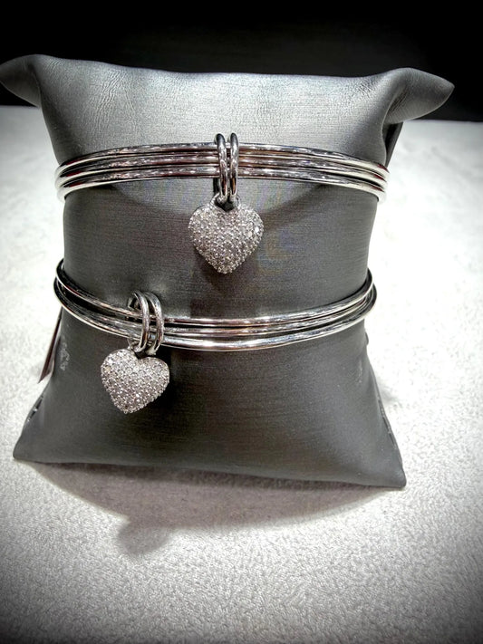 Sterling Silver Triple Bangle with Dangle Diamond Heart: Slip On Style, Natural Diamonds 0.25ct