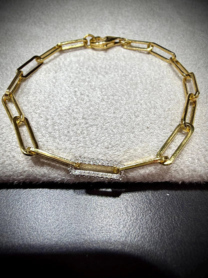 18K over Sterling Silver Diamond 0.15 Carat Paperclip Link Bracelet: 7” Natural Diamonds