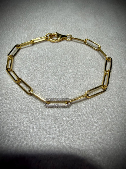 18K over Sterling Silver Diamond 0.15 Carat Paperclip Link Bracelet: 7” Natural Diamonds