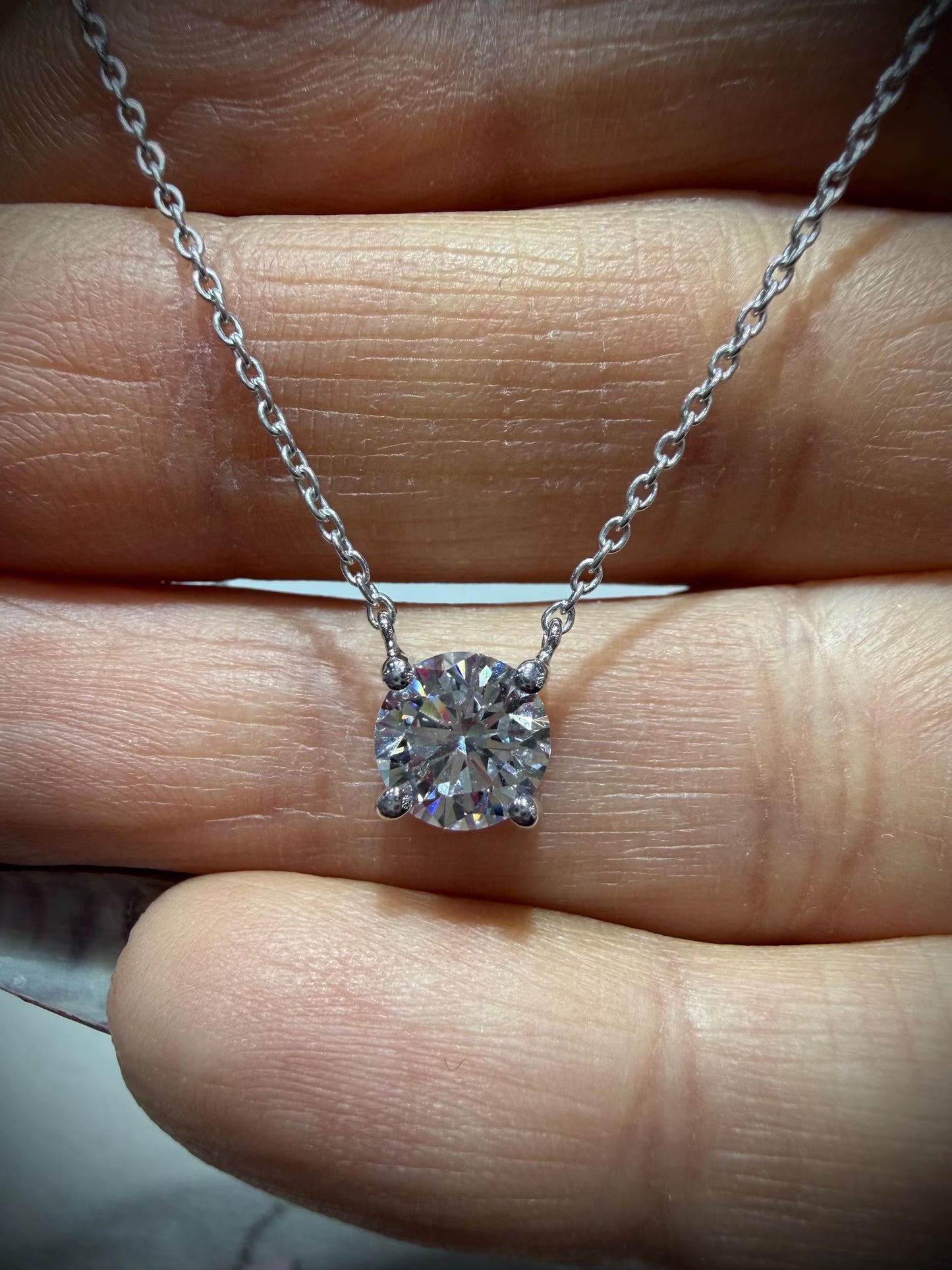 Round Lab Grown Diamond Solitaire Necklace 1.25ct: Sterling Silver 18”-20”