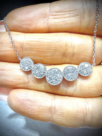 Round Pavé Diamond Curved Bar Necklace 1.00 Carat Lab Grown Diamonds, Sterling Silver Adjustable Chain 18-20”