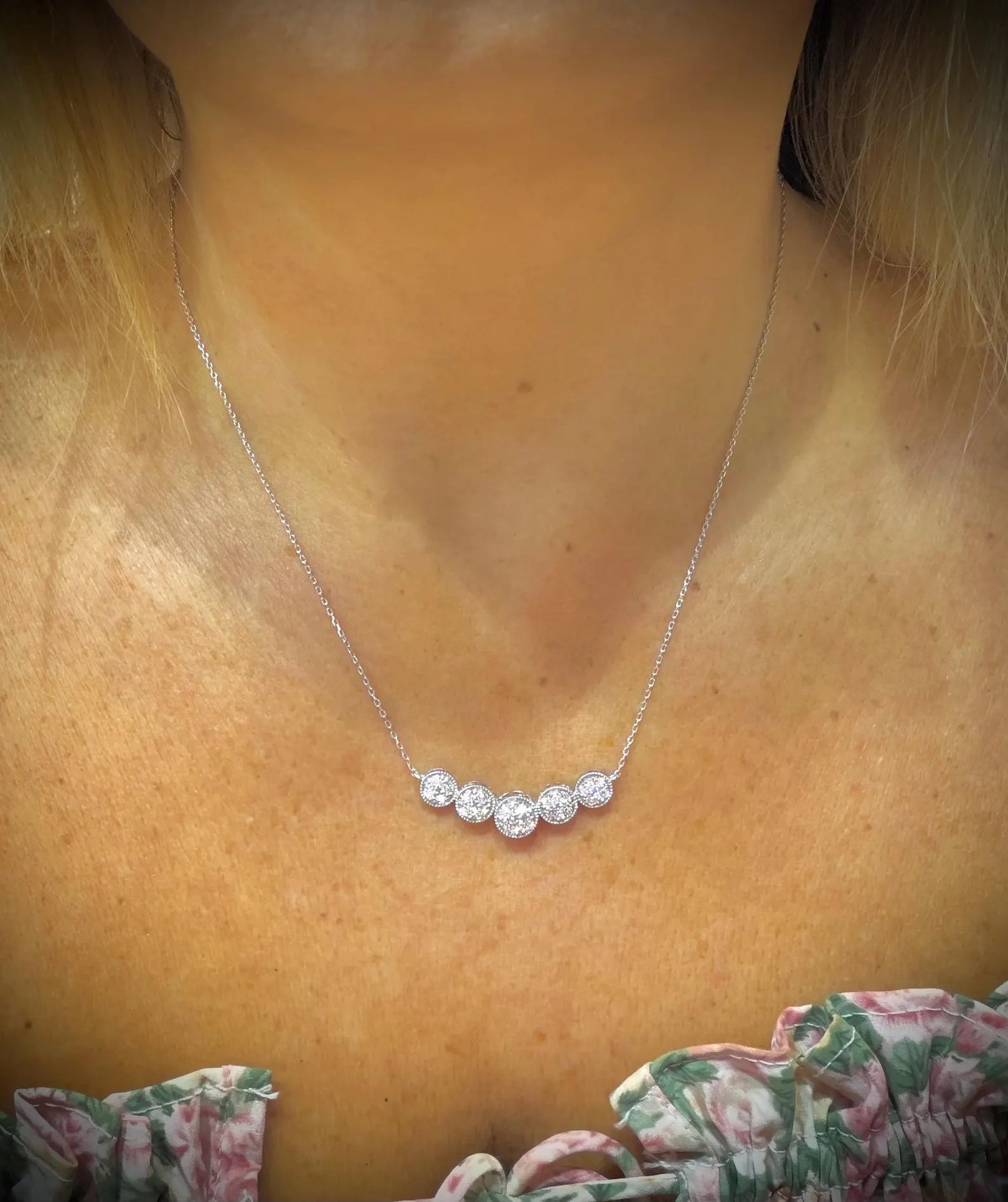 Round Pavé Diamond Curved Bar Necklace 1.00 Carat Lab Grown Diamonds, Sterling Silver Adjustable Chain 18-20”