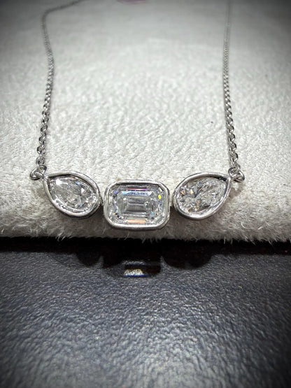 Fancy Shape Bezel Set Diamond Necklace with Emerald Cut and Pear Lab Grown Diamonds 1.52 ct tw.: Sterling Silver Adjustable 16”-18”.