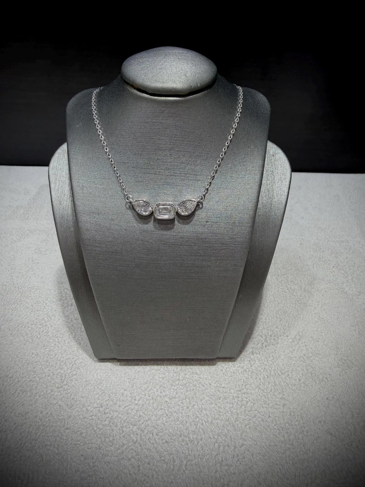 Fancy Shape Bezel Set Diamond Necklace with Emerald Cut and Pear Lab Grown Diamonds 1.52 ct tw.: Sterling Silver Adjustable 16”-18”.