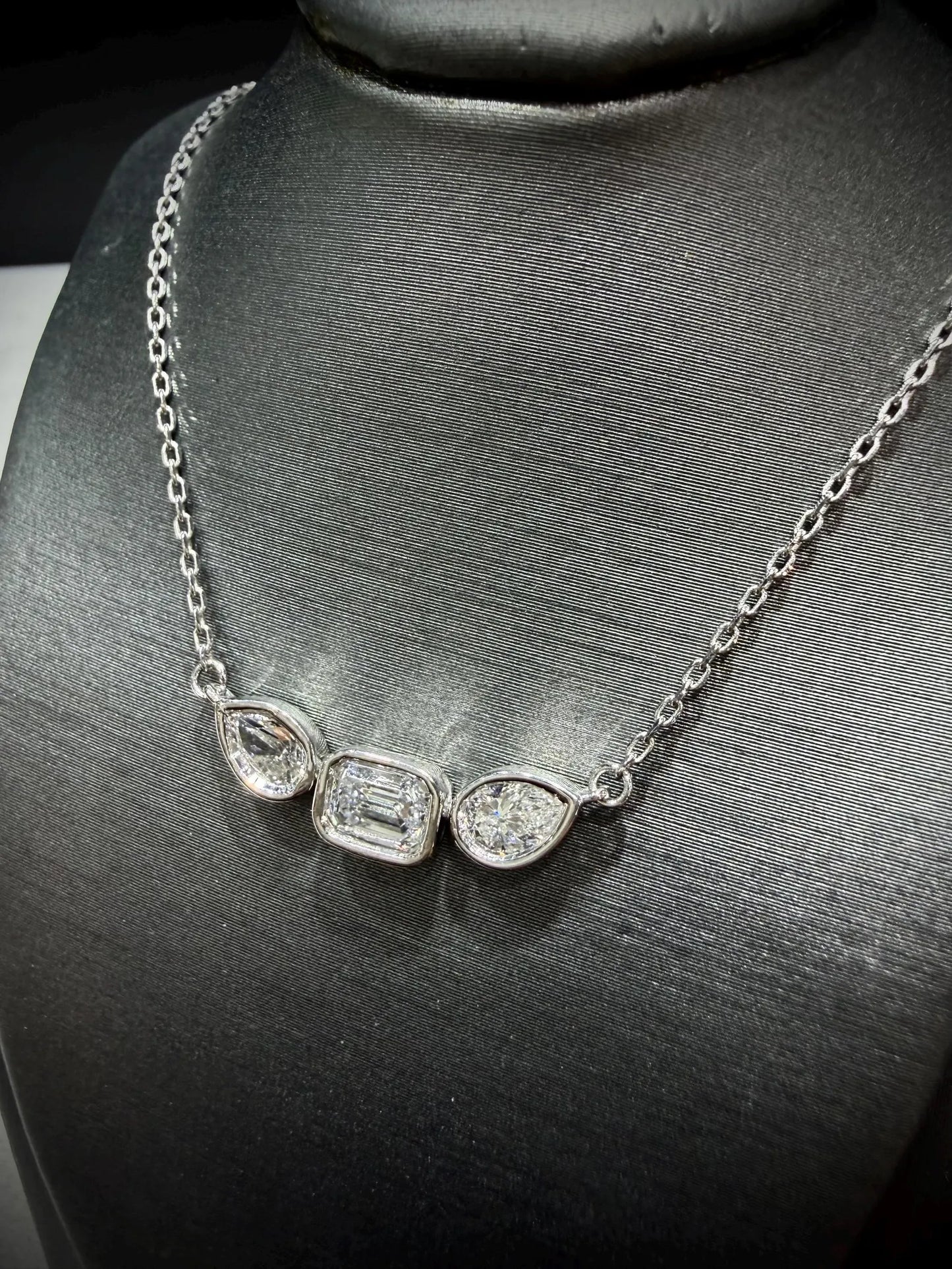 Fancy Shape Bezel Set Diamond Necklace with Emerald Cut and Pear Lab Grown Diamonds 1.52 ct tw.: Sterling Silver Adjustable 16”-18”.