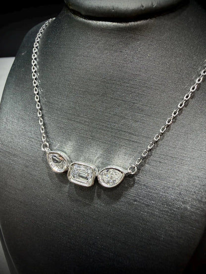 Fancy Shape Bezel Set Diamond Necklace with Emerald Cut and Pear Lab Grown Diamonds 1.52 ct tw.: Sterling Silver Adjustable 16”-18”.