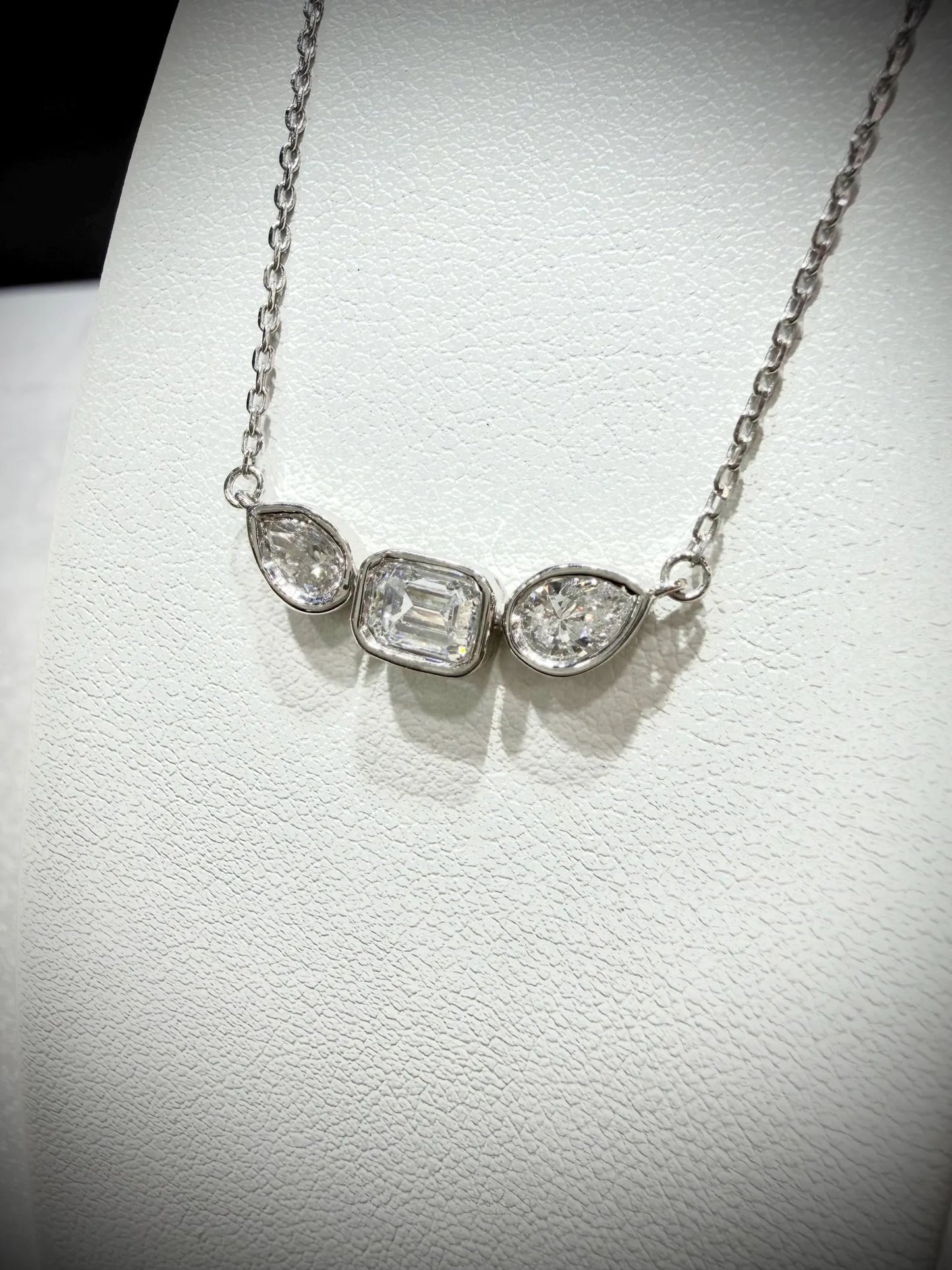 Fancy Shape Bezel Set Diamond Necklace with Emerald Cut and Pear Lab Grown Diamonds 1.52 ct tw.: Sterling Silver Adjustable 16”-18”.