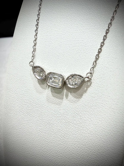 Fancy Shape Bezel Set Diamond Necklace with Emerald Cut and Pear Lab Grown Diamonds 1.52 ct tw.: Sterling Silver Adjustable 16”-18”.
