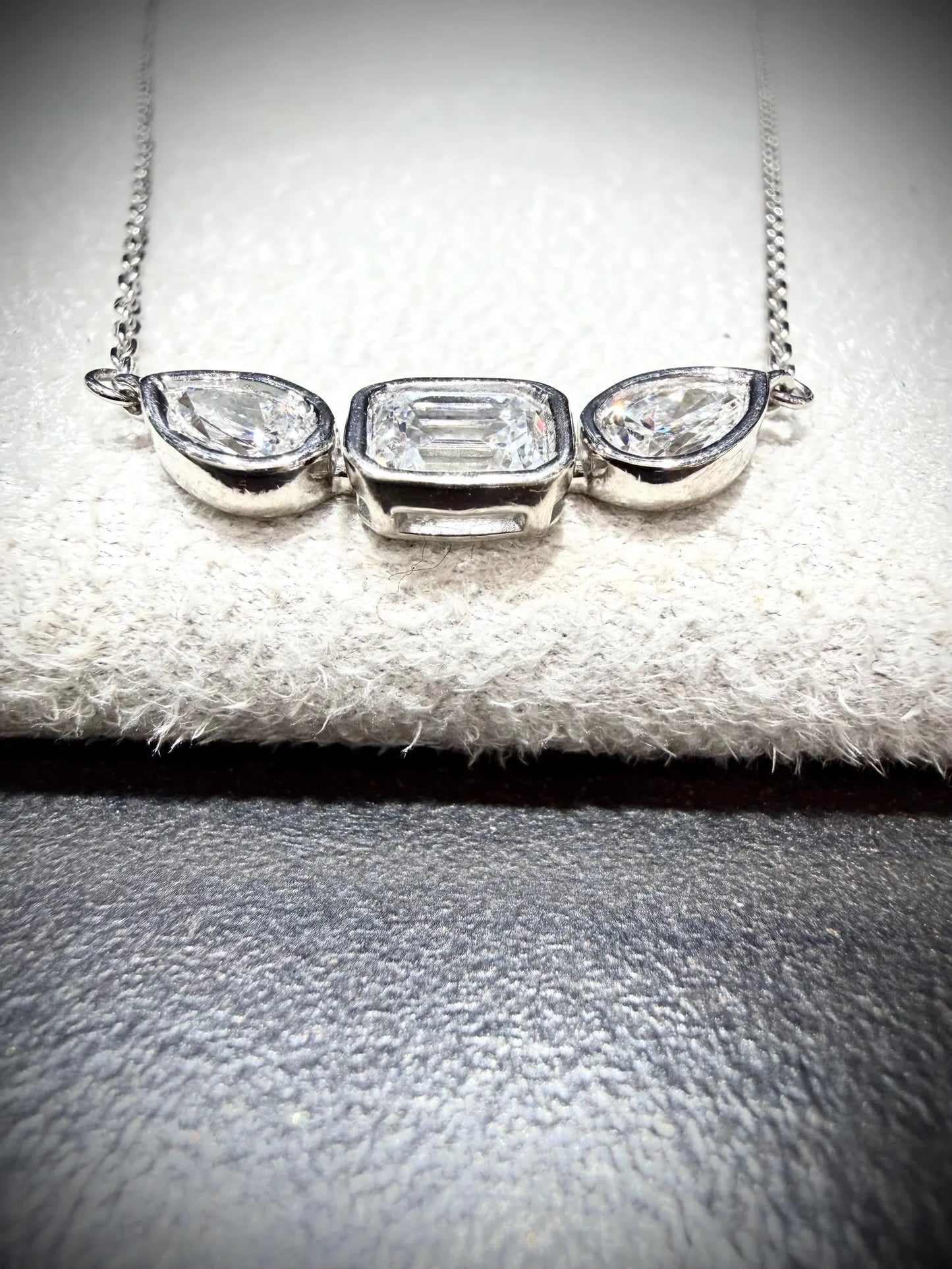 Fancy Shape Bezel Set Diamond Necklace with Emerald Cut and Pear Lab Grown Diamonds 1.52 ct tw.: Sterling Silver Adjustable 16”-18”.