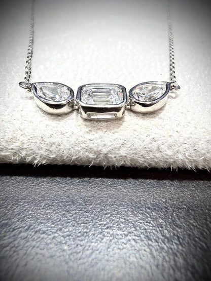 Fancy Shape Bezel Set Diamond Necklace with Emerald Cut and Pear Lab Grown Diamonds 1.52 ct tw.: Sterling Silver Adjustable 16”-18”.