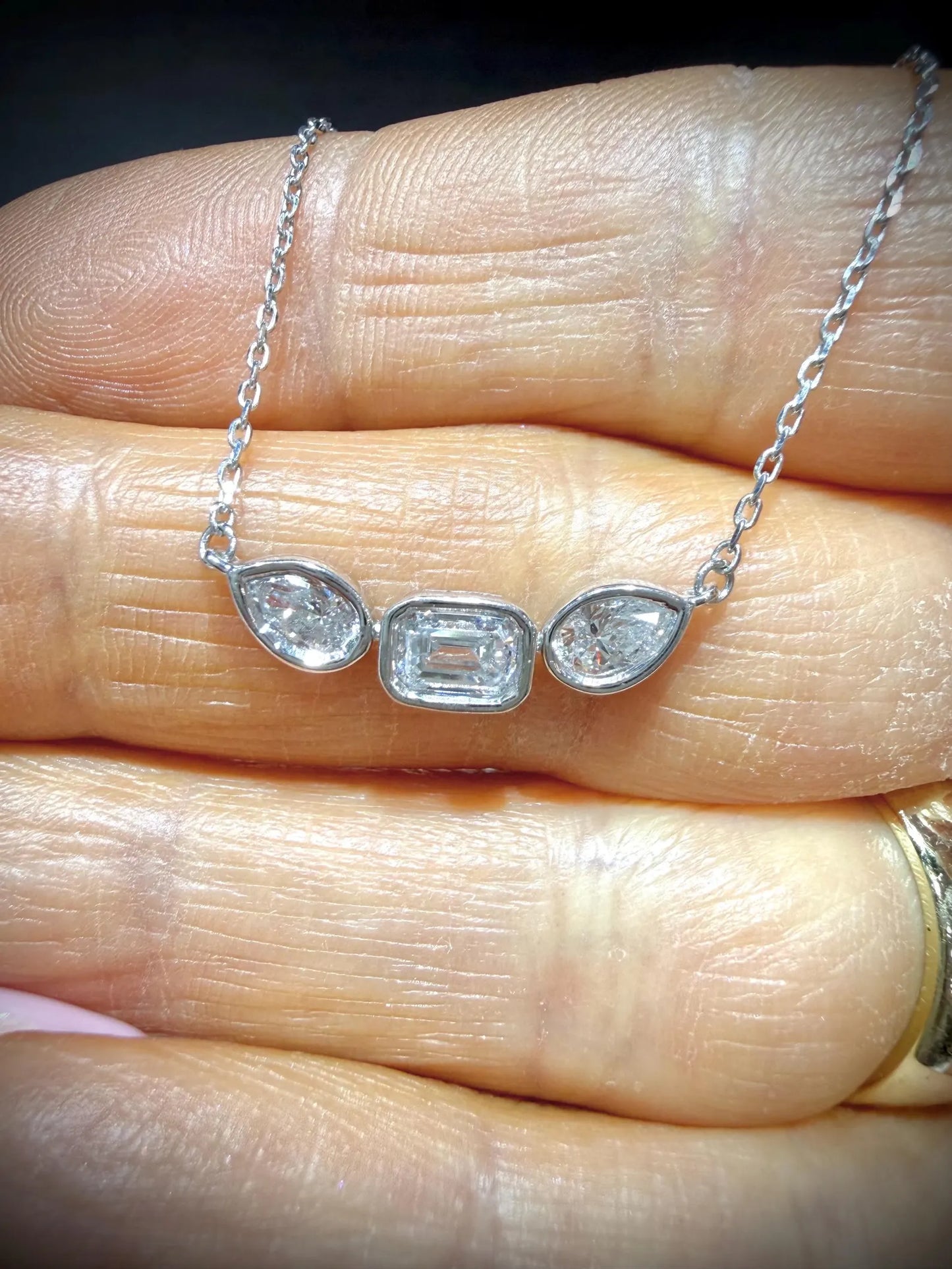 Fancy Shape Bezel Set Diamond Necklace with Emerald Cut and Pear Lab Grown Diamonds 1.52 ct tw.: Sterling Silver Adjustable 16”-18”.
