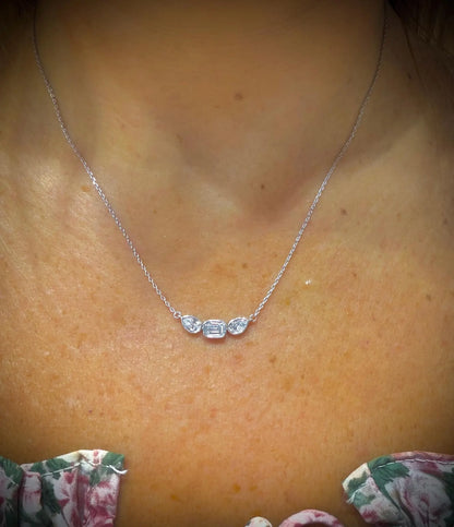 Fancy Shape Bezel Set Diamond Necklace with Emerald Cut and Pear Lab Grown Diamonds 1.52 ct tw.: Sterling Silver Adjustable 16”-18”.