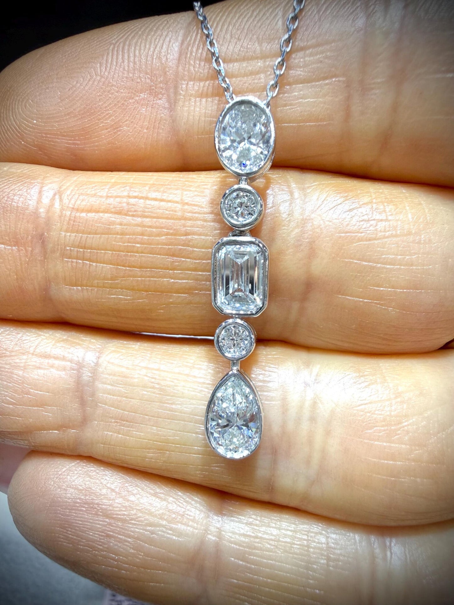 Fancy Shape Bezel Set Diamond Drop Necklace with Emerald Cut, Round, Oval and Pear Lab Grown Diamonds 1.78ct tw.: Sterling Silver 16”17”18”