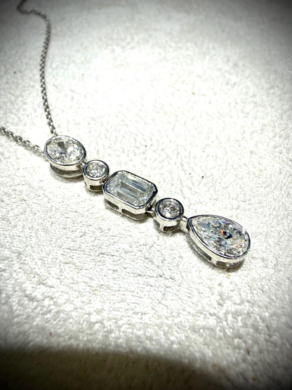 Fancy Shape Bezel Set Diamond Drop Necklace with Emerald Cut, Round, Oval and Pear Lab Grown Diamonds 1.78ct tw.: Sterling Silver 16”17”18”
