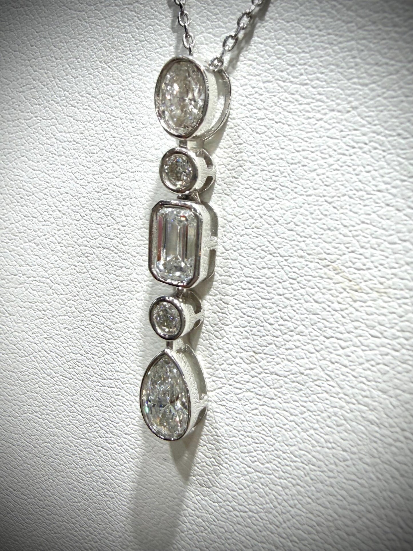 Fancy Shape Bezel Set Diamond Drop Necklace with Emerald Cut, Round, Oval and Pear Lab Grown Diamonds 1.78ct tw.: Sterling Silver 16”17”18”