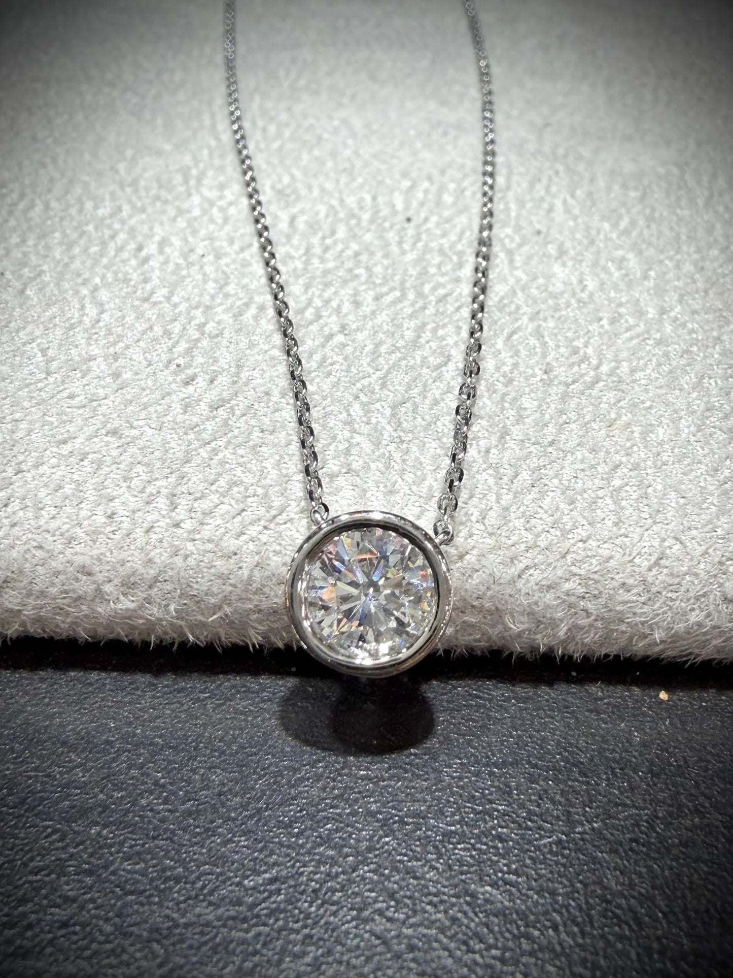 Round Lab Grown Bezel Set Diamond Solitaire Necklace 0.90ct tw.: Sterling Silver Adjustable Length 16”-18.5”