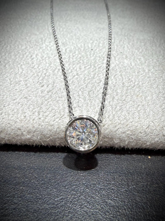 Round Lab Grown Bezel Set Diamond Solitaire Necklace 0.90ct tw.: Sterling Silver Adjustable Length 16”-18.5”