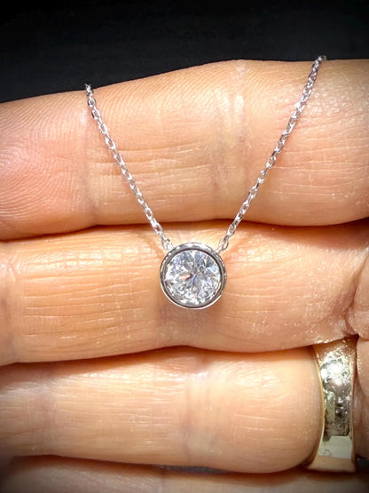 Round Lab Grown Bezel Set Diamond Solitaire Necklace 0.90ct tw.: Sterling Silver Adjustable Length 16”-18.5”